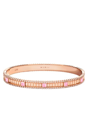 LIFE Kapaklı Altın Bilezik, 18 Ayar Pembe Altın, Elmas ve Pembe Opal
