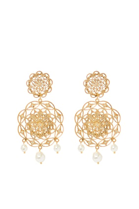 Bahçe Çiçeği İnci Küpe, 18k Altın/Rodyum & Kristaller