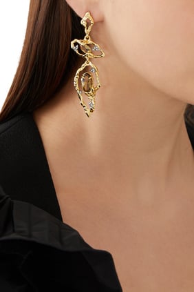 14 Ayar Altın Dumanlı Topaz Brut Çöl Uzun Küpe