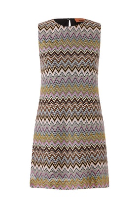 Zigzag Desenli Kolsuz Mini Elbise - Kahverengi