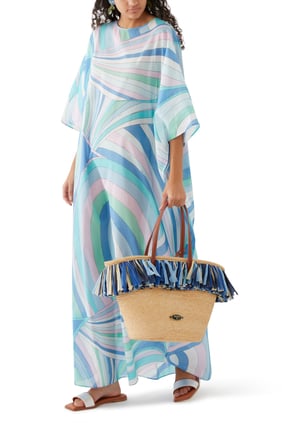 Iride-Print Pamuk Kaftan - Açık Mavi