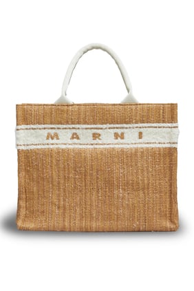 Ecru Raffia Dokulu Küçük Tote Çanta - Tufted Logo