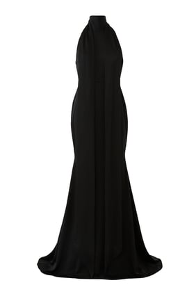 Halter Saten Krep Elbise - Siyah