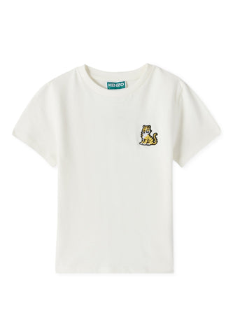 Çocuklar için Kaplan Desenli Nakışlı Pamuklu T-Shirt - Beyaz