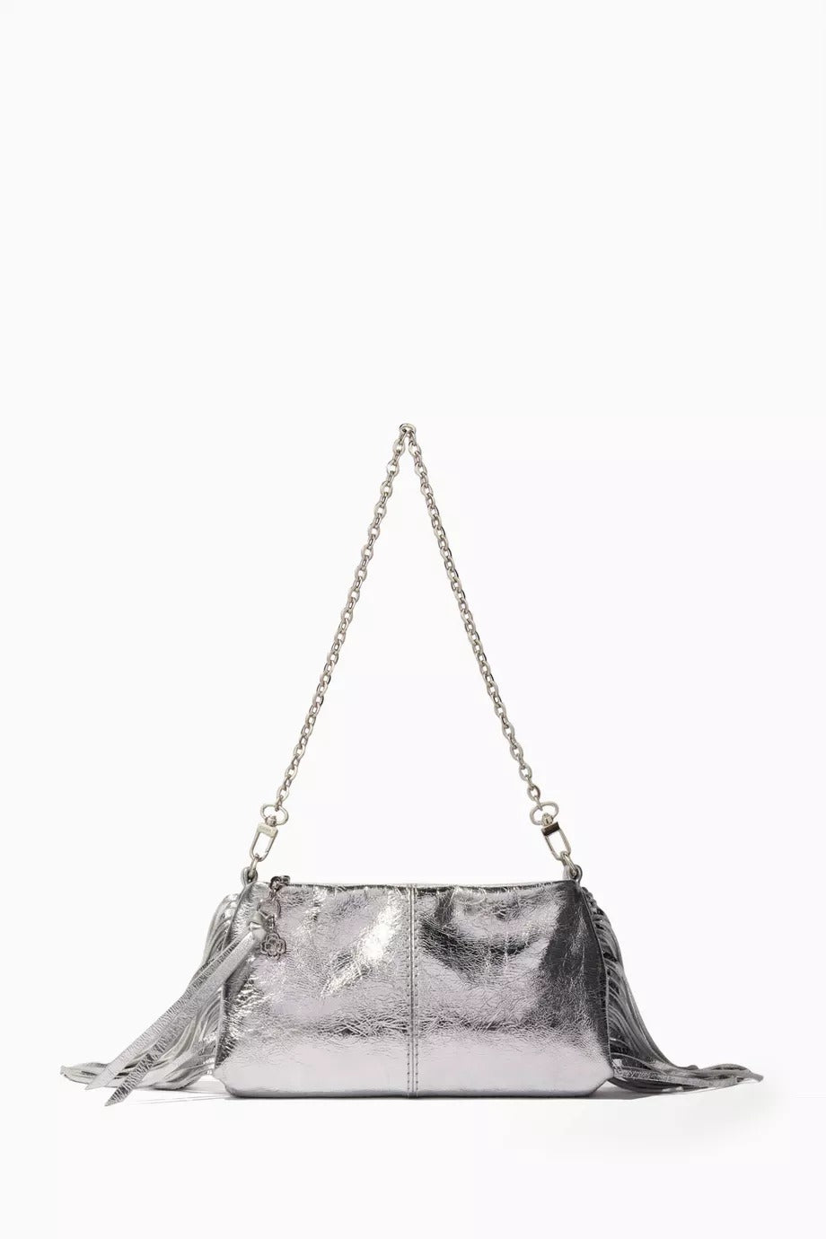 Miss M Metalik Deri Clutch Gümüş Renk, Püskül Detaylı, Zincir Askılı Şık Çanta