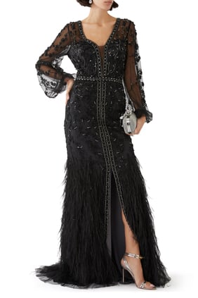 Tüy ve Kristal Detaylı Maxi Elbise