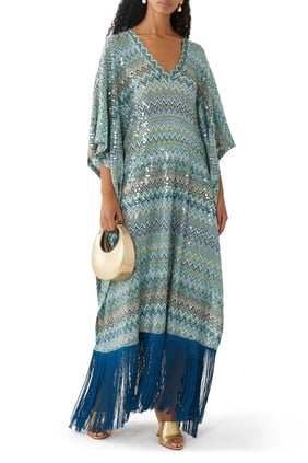Franjeli Zigzag Desenli Kaftan Elbise