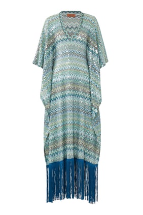 Franjeli Zigzag Desenli Kaftan Elbise