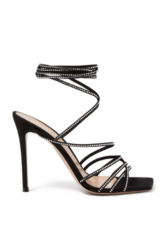 Kristal Süslemeli 105mm Süet Sandaletler - Siyah