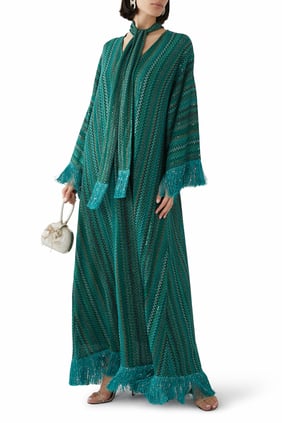 Payetli Fringed Kaftan Elbise - Yeşil Çok Renkli