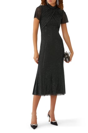Rhinestone Ağı Mesh Midi Elbise