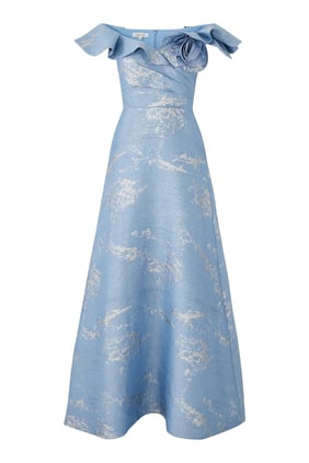 Çiçek Aplike Detaylı Off Shoulder Dantel Elbise