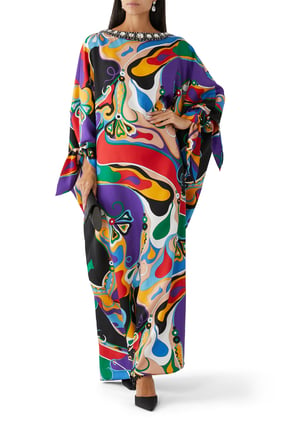 Orkide Desenli İpek Twill Kaftan