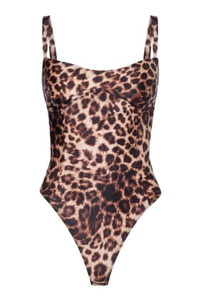 Kalp Yaka Leopar Desenli Saten Bodysuit