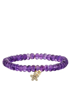 Küçük Plumeria Charm Beaded Bilezik, 14K Sarı Altın, Elmas ve Ametist