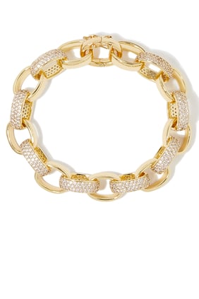 Çarpıcı Oval Bağlantılı Bilezik, 14K Altın Kaplama Pirinç & Zirkonya