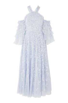 Çiçek Desenli Dantel Off-Shoulder Elbise