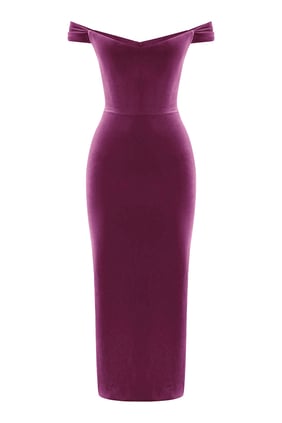 Kadın Kadife Off Shoulder V Yaka Korsaj Elbise