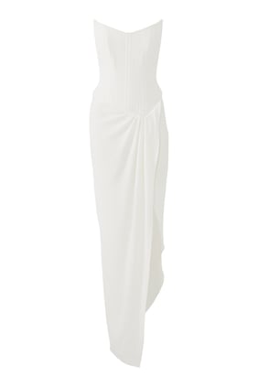 Askısız Korse Asimetrik Uzun Drape Elbise