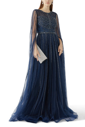 Boncuklu Tül Elbise - Jovani