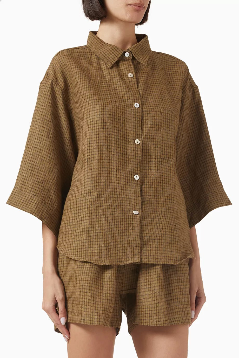 03 Organik Keten Lüks Gömlek ve Şort Seti Koyu Yeşil