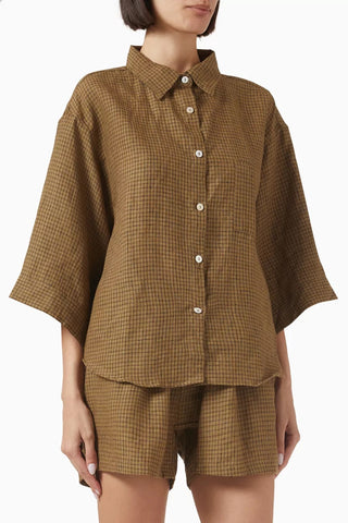 03 Organik Keten Lüks Gömlek ve Şort Seti Koyu Yeşil