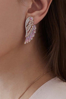 Pembe Safirli ve Elmaslı 18K Rose Gold Kanat Küpeler