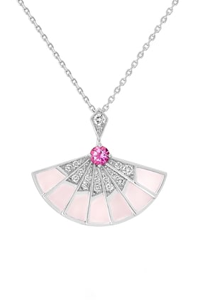 Fanfare Senfoni Kaydırıcı Kolye, 18 Ayar Beyaz Altın, Pembe Turmalin, Elmas ve Pembe Opal