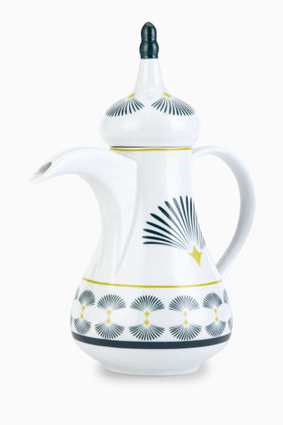 Beyaz Bahja Dallah Pot Porselen Modern Sanat ve Arap Mirası ile Süslü