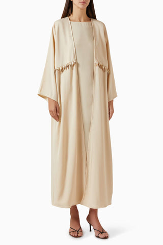 Bead Detaylı Üç Parçalı Abaya ve Elbise Seti Rahat ve Şık Tasarım