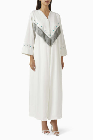 Şıklığı Yansıtan Süslemeli Fringeli Abaya ve Sheila Takımı