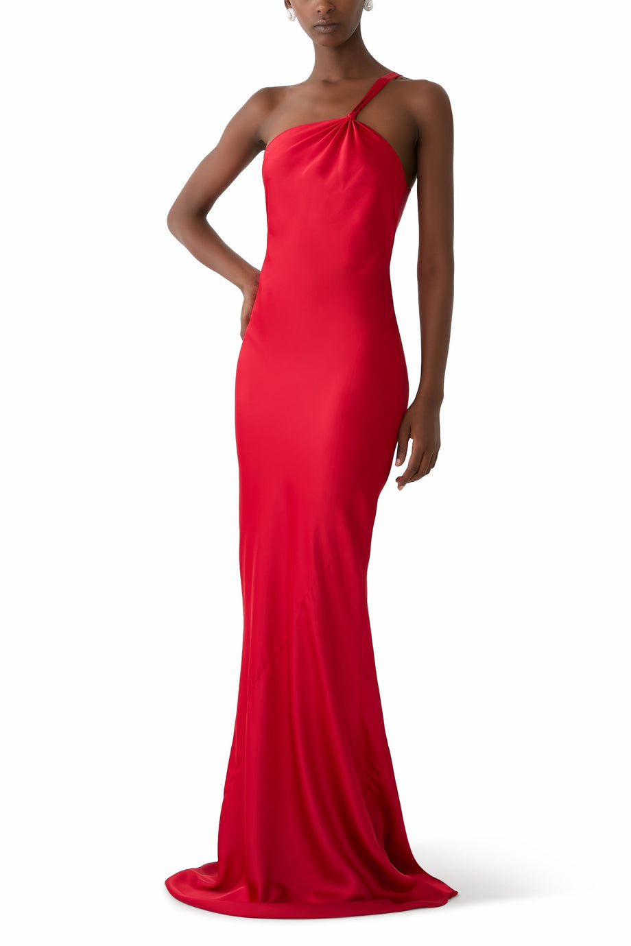 One Shoulder Bias Gown, Kırmızı Tek Omuz Abiye