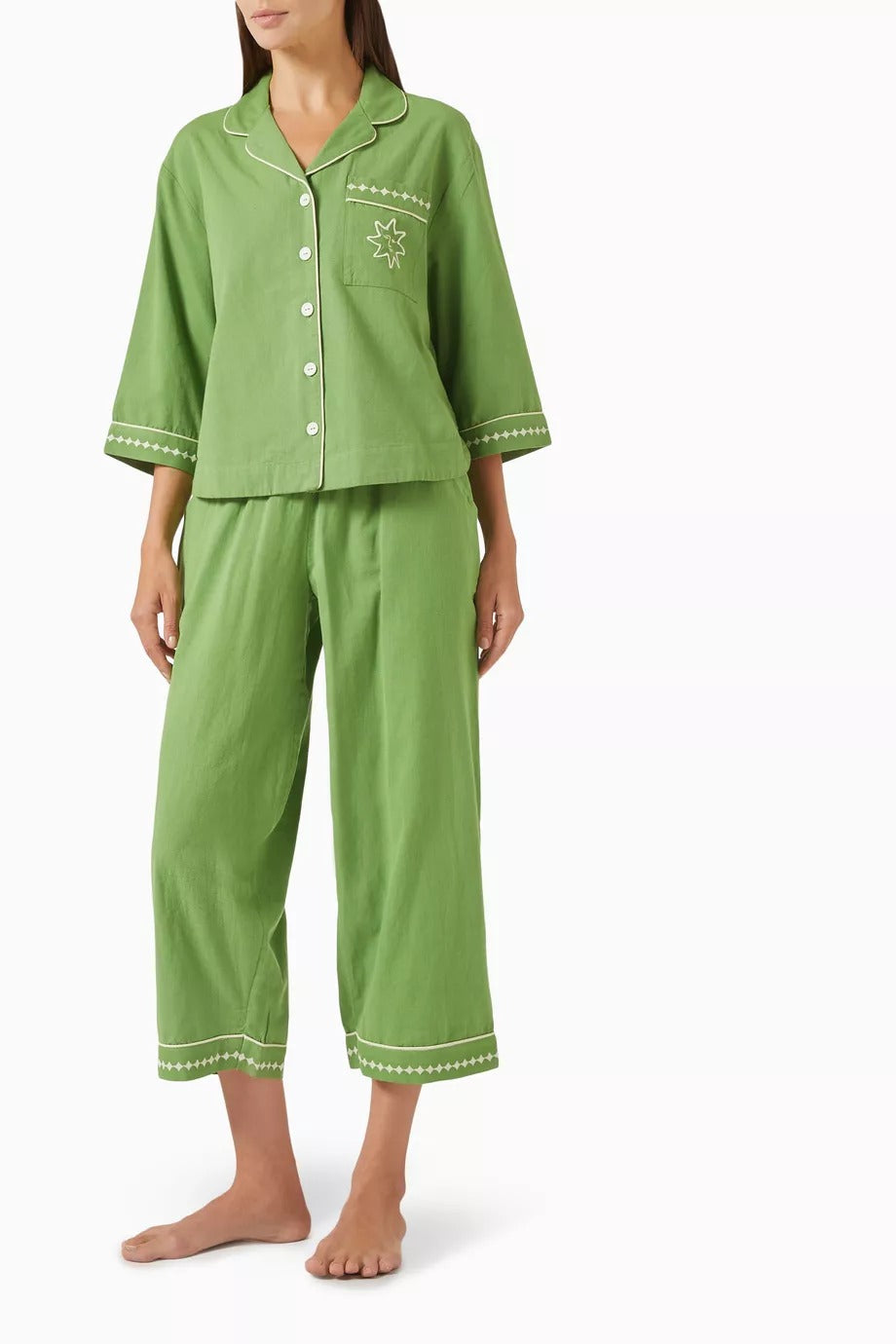 3 Parça Pamuk & Keten Pijama Seti Yeşil Nakışlı Lüks Tasarım