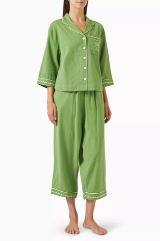 3 Parça Pamuk & Keten Pijama Seti Yeşil Nakışlı Lüks Tasarım
