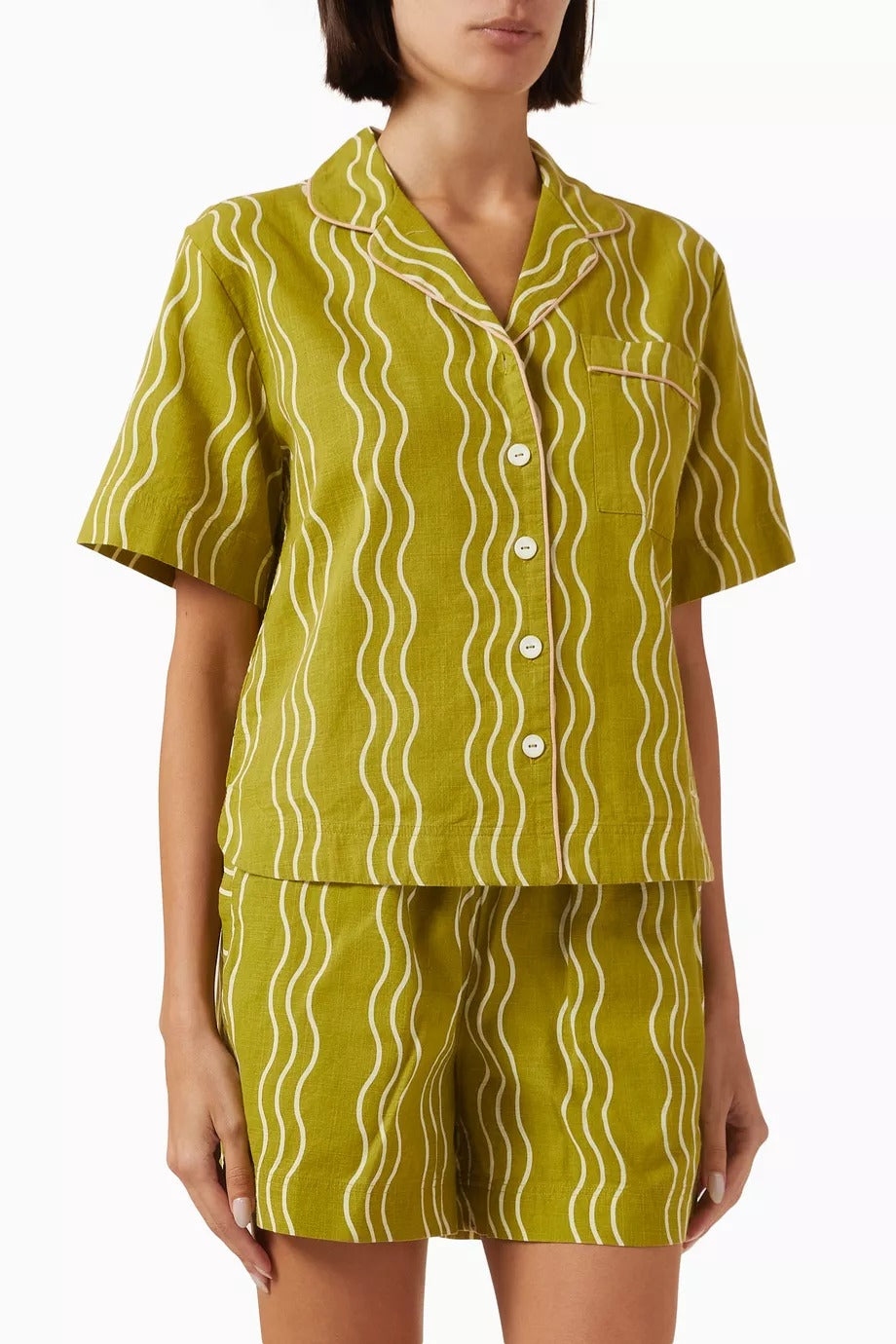 3 Parça Pamuklu Lüks Pijama Takımı, Yeşil Dalga Desenli