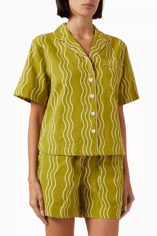 3 Parça Pamuklu Lüks Pijama Takımı, Yeşil Dalga Desenli