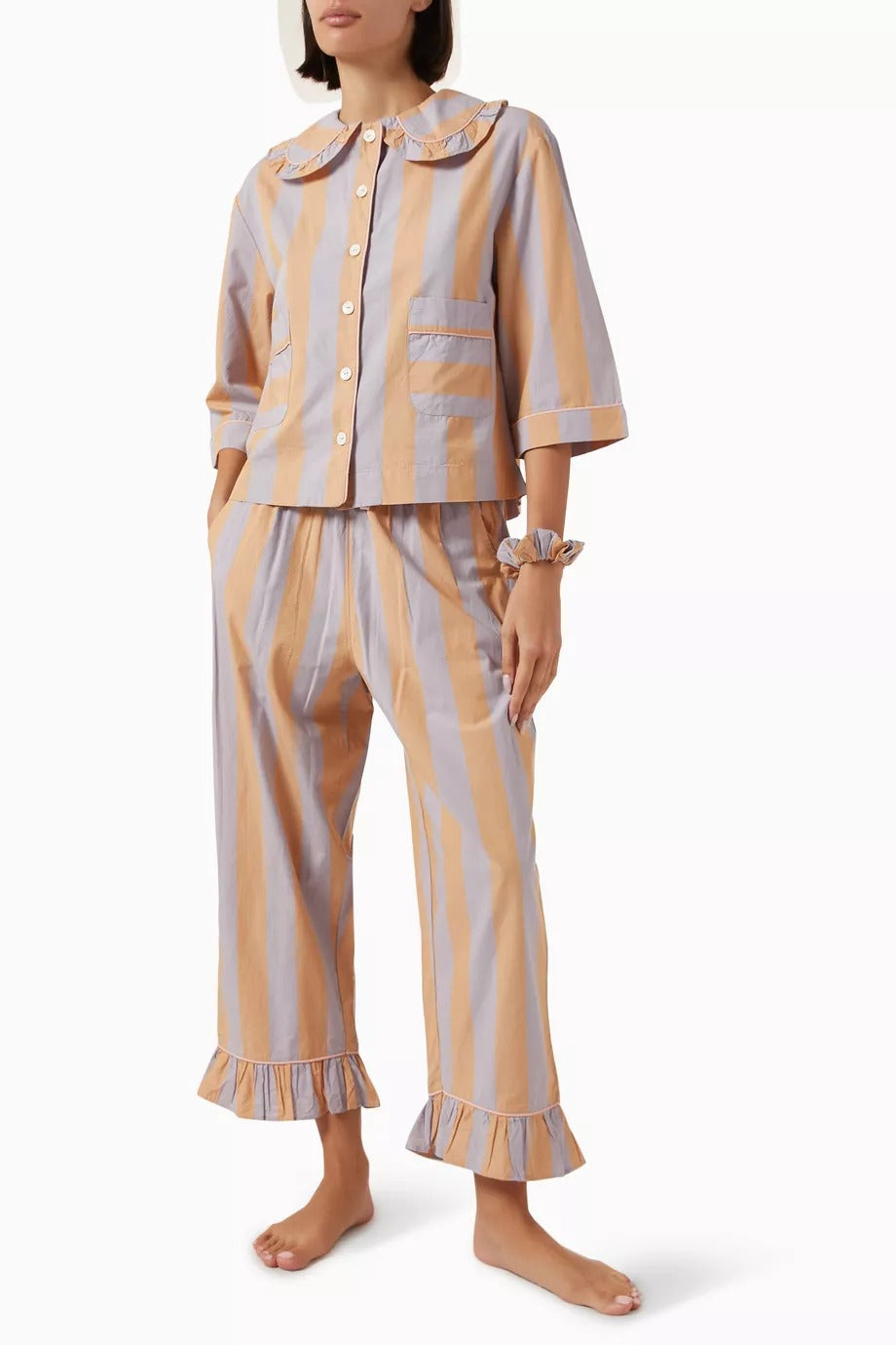 3 Parça Pamuklu Turuncu Çizgili Pijama Seti Fırfır Detaylı Lüks Tasarım