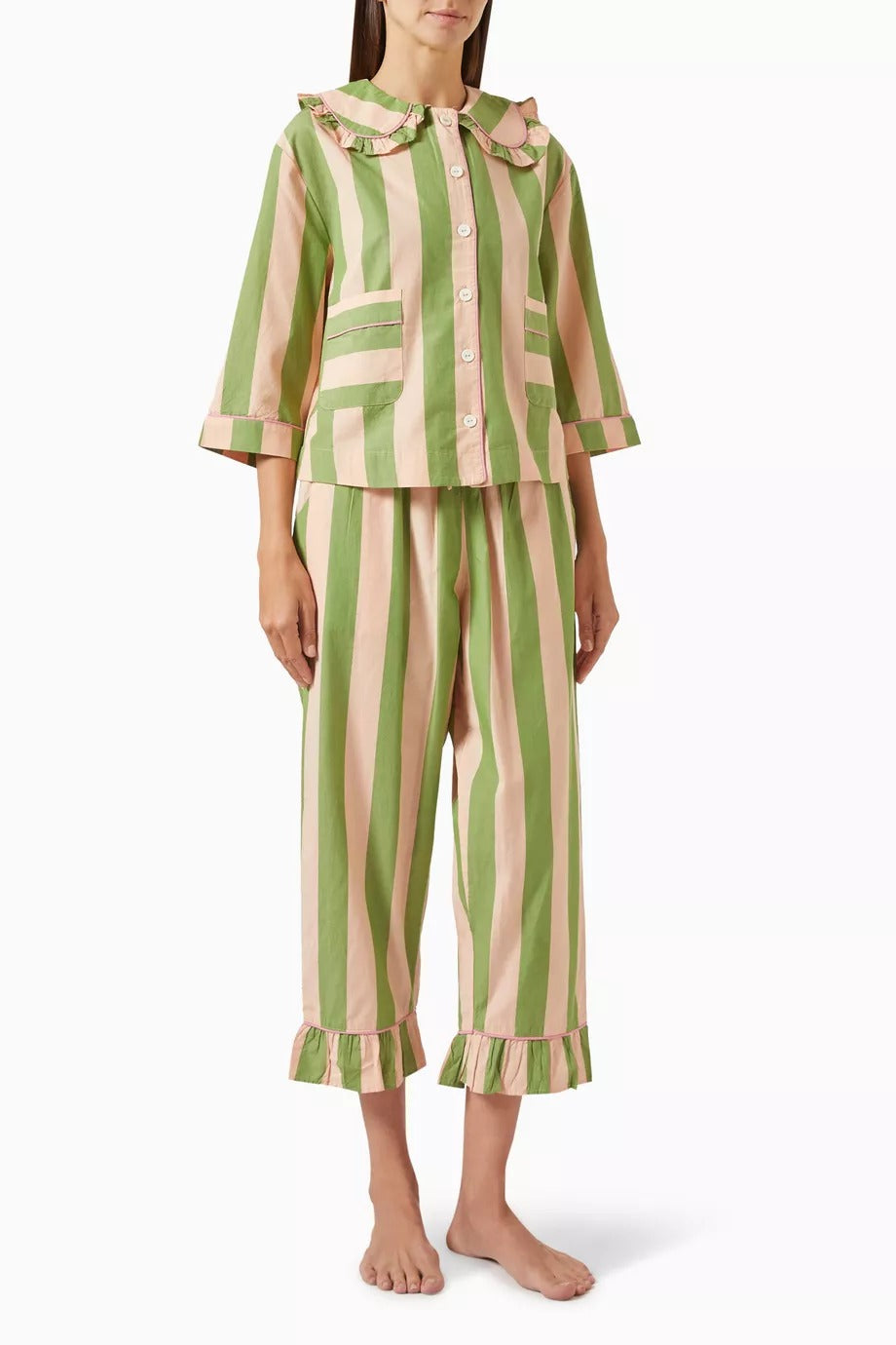 3 Parça Pamuklu Yeşil Çizgili Pijama Seti Fırfır Detaylı Lüks Tasarım