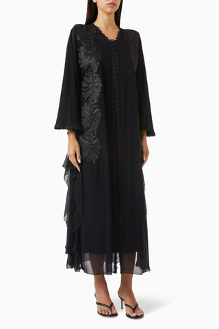 Şifon Dentelle Dantel Abaya Zarif Tasarım ve Parlak Aksesuarlarla Özel Şıklık