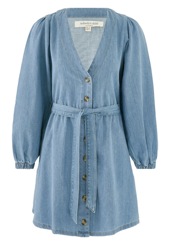 Denim Nolan Mini Elbise, Uzun Kollu, Kuşaklı, %100 Pamuk Günlük Şıklık