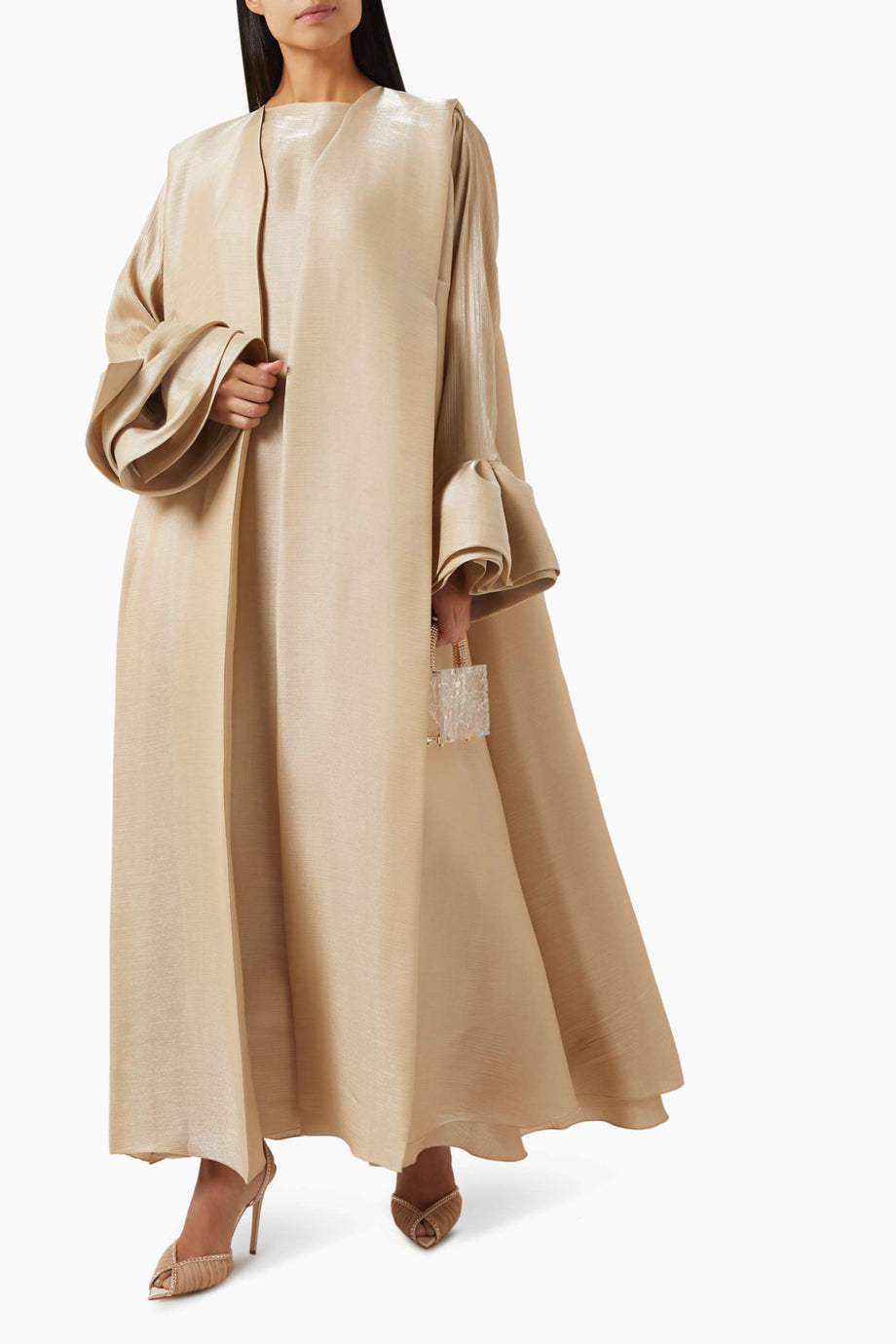 Minimalist Lüks Ruffle Kol 3 Parça Abaya Seti Pamuk Organza ile Şıklığı Yakalayın