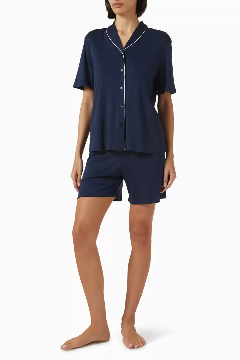 Natural Comfort Lyocell Lüks Pijama Seti Lacivert Kontrast Biyeli Tasarım