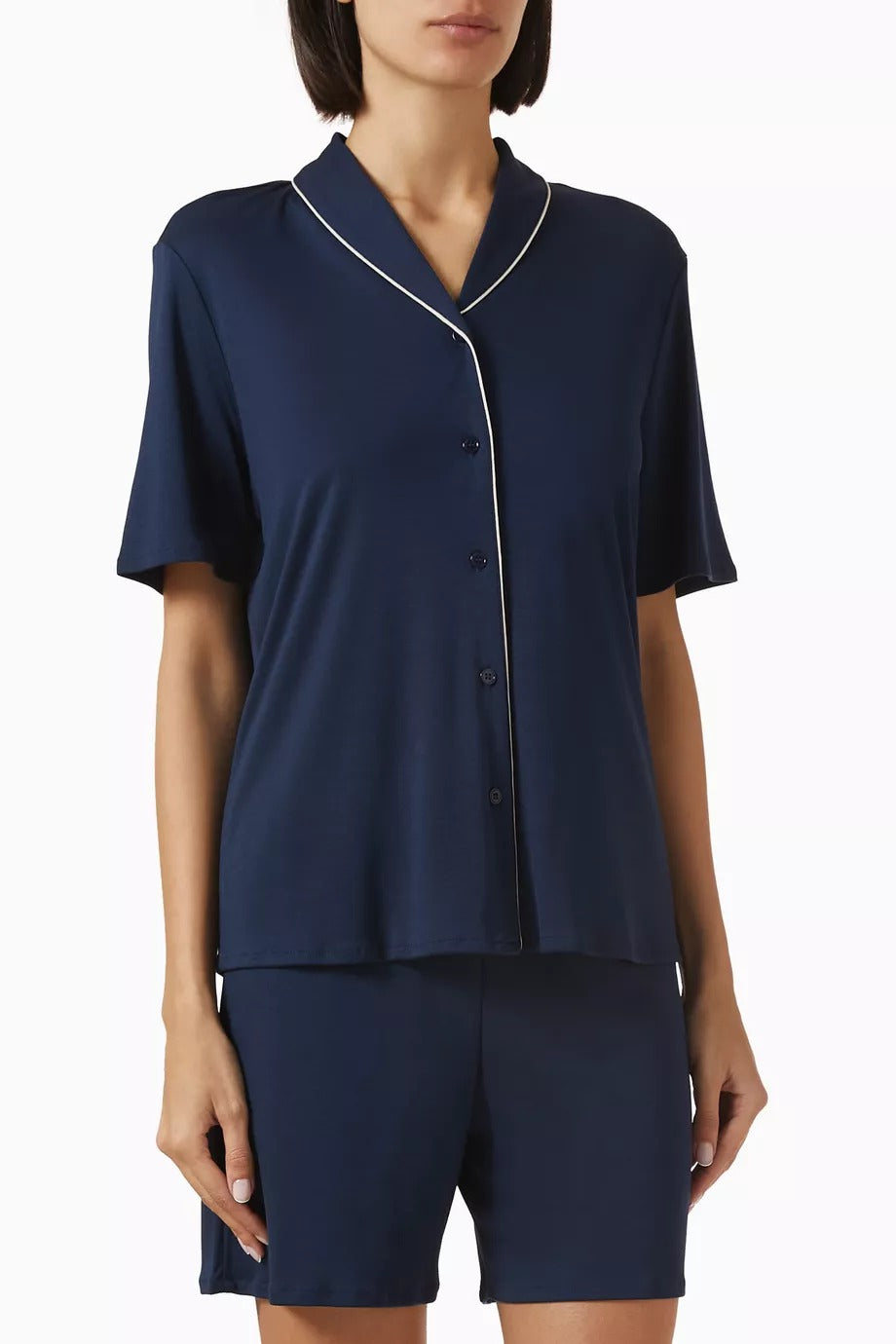 Natural Comfort Lyocell Lüks Pijama Seti Lacivert Kontrast Biyeli Tasarım