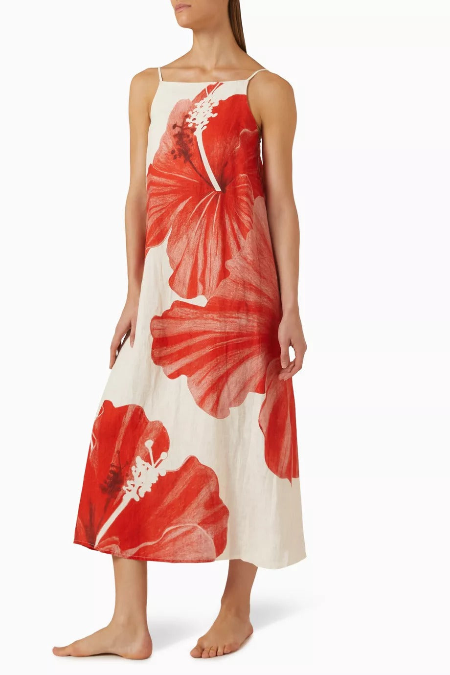 Kare Yaka Keten Gecelik Hibiskus Desenli, Rahat Kesim