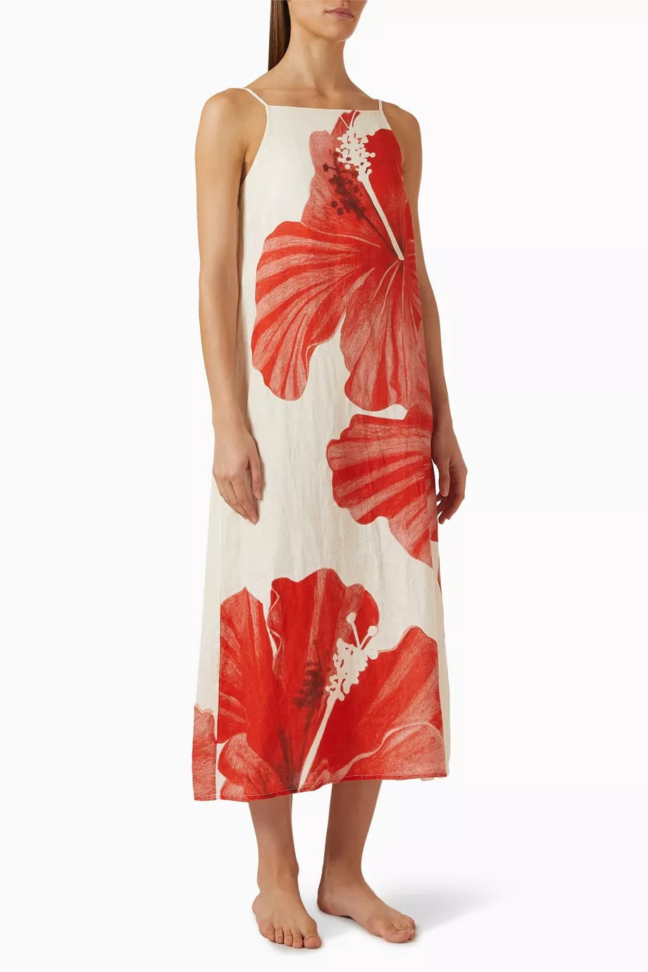 Kare Yaka Keten Gecelik Hibiskus Desenli, Rahat Kesim