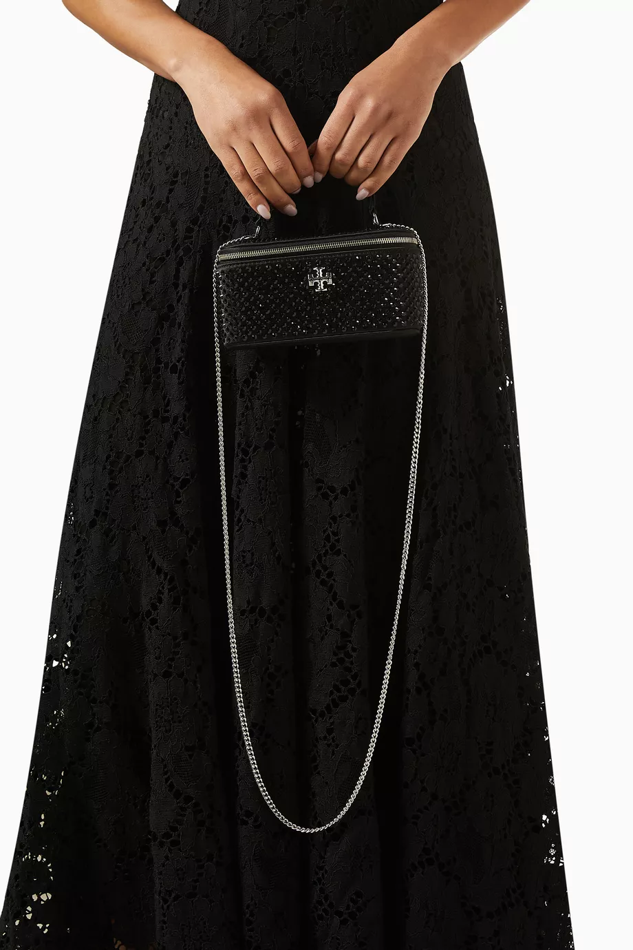 Kira Embellished Makyaj Kutulu El Çantası, Saten, Taşlı & Double T Aksesuarlı