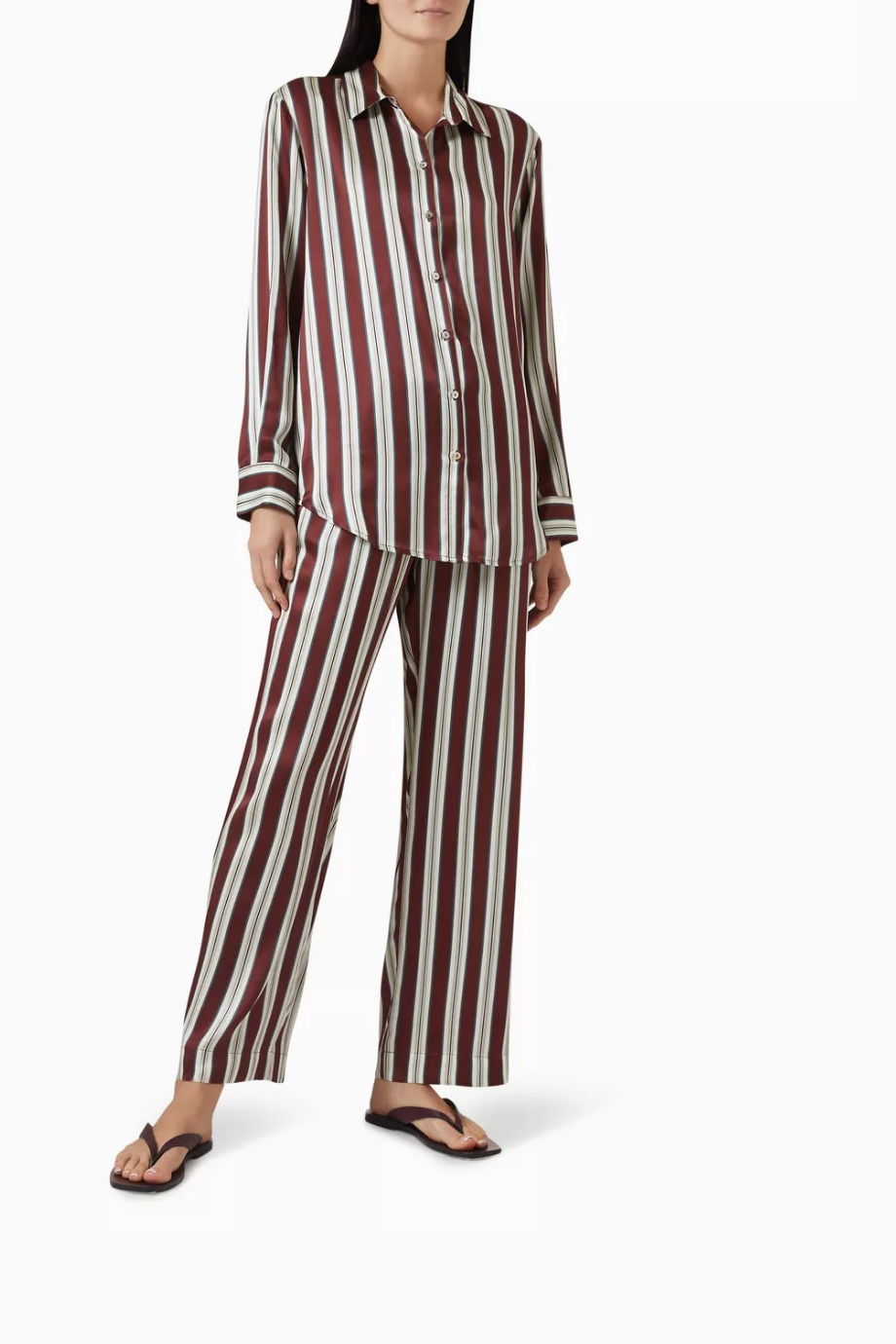 London Çizgili İpek Charmeuse Gömlek Maroon Stripe