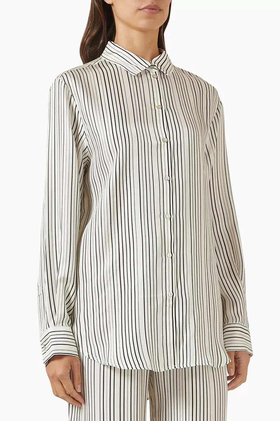 Çizgili London İpek Twill Gömlek Umber Brown Fine Stripe