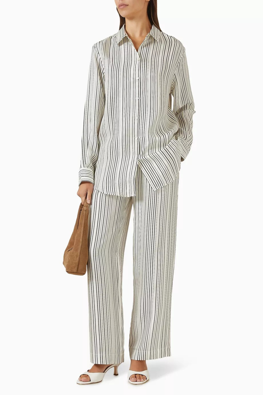 Aurelia Çizgili İpek Twill Pantolon Umber Brown Fine Stripe