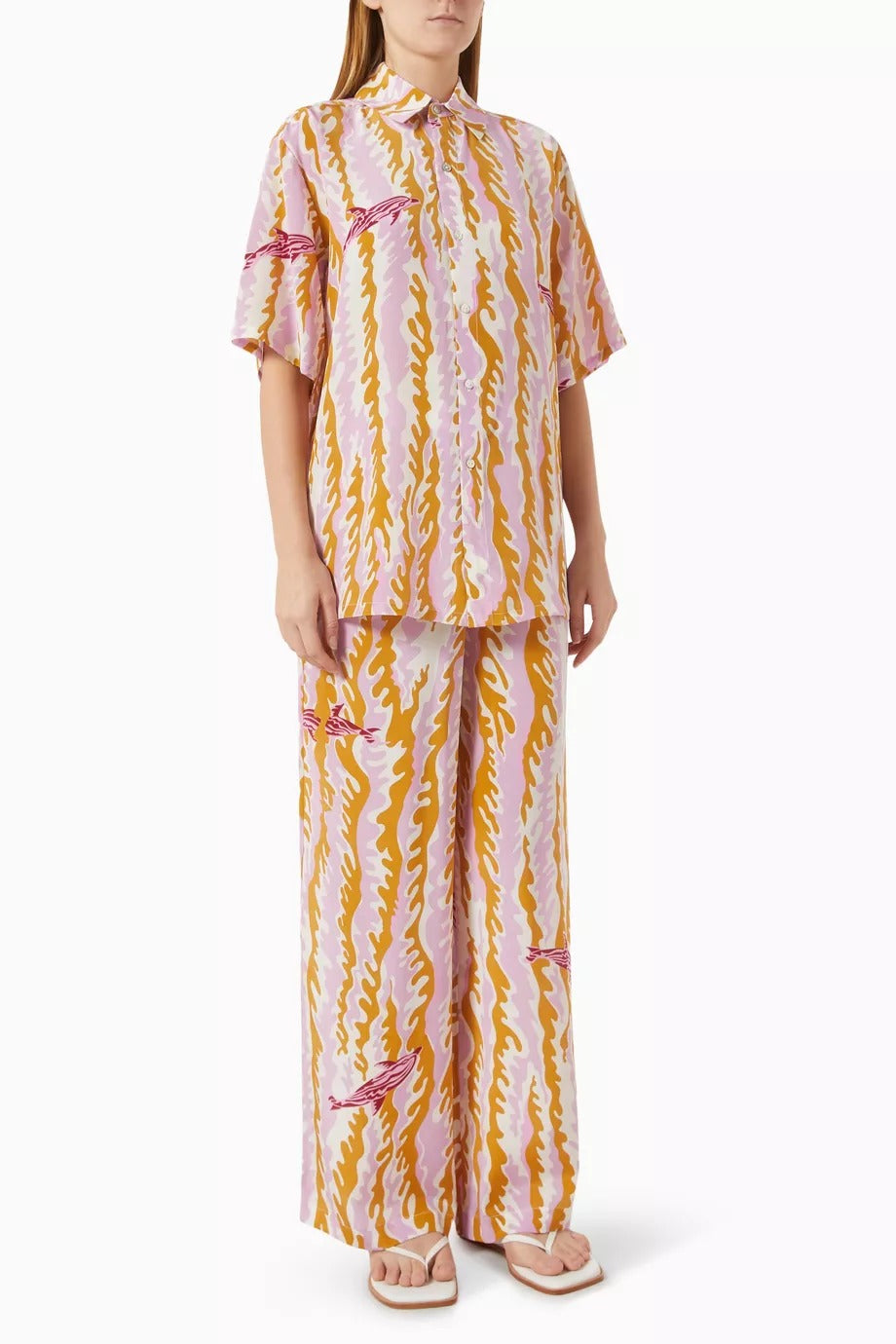 Alabama Mira Pijama Takımı Pembe Dalga Desenli Lüks ipek